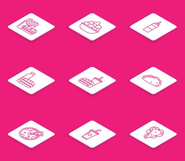 Çizgili burger ve patates kızartması paket kutusunda, patlamış mısır kasesi, sos şişesi, bir şişe su burgeri, kamışlı kağıt bardak, Taco tortilla, pizza ve ikon. Vektör