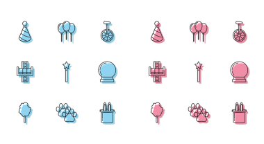 Pamuk şeker, Paw baskısı, Parti şapkası, Sihirli tavşan kulakları, değnek, top, Cazibe Atlıkarınca ve kurdele ikonlu balonlar. Vektör