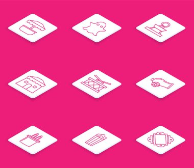 Cazibe Atlıkarınca, Hayalet, Sirk Çadırı, Çubuklu Davul, Top, Sihirbaz şapkası ve tavşan kulakları ve karton kutu ikonunda patlamış mısır. Vektör