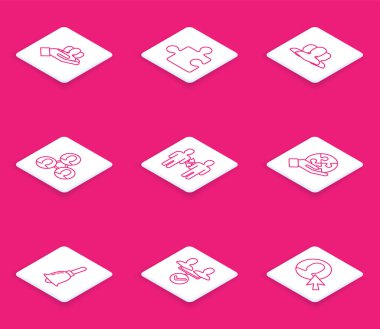 Sıra Proje Ekibi tabanı, Yapboz Parçası, Kullanıcı grubu elinde, zil ve simge çalıyor. Vektör