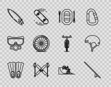 Yüzmek için lastik yüzgeçler, sörf tahtası, kayak botu, kayak ve sopalar, bisiklet tekerleği, sokak rampası ve kask ikonu. Vektör