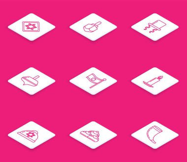 Davut 'un Yıldızı, Hannukah dreidel, kenarda duran Ortodoks Yahudi şapkası, İsrail Bayrağı, şamdanda yanan mum, Yahudi kippah yıldızı David ve tatlı fırın ikonu. Vektör