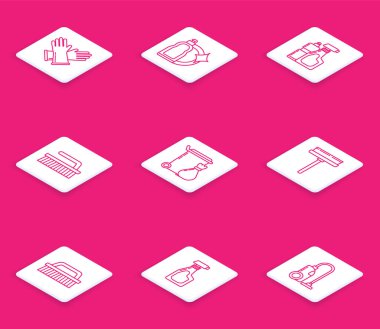 Lastik eldivenler, sıvı bulaşık deterjanı için plastik şişeler, fırça temizleme, çöp tenekesi, silecek ve deterjan ikonlu temizlik spreyi. Vektör