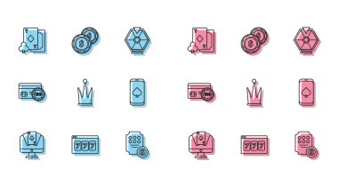 Online poker masası seti, şans getiren 7 'ler piyangosuna sahip kumar makinesi, kart elmasları, Crown, Credit ve Casino çip dolar ikonu. Vektör