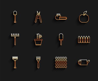 Bahçe tırmığı, kürek, çit ahşap, su kovası, kaktüs ve sulu tencere ve kürek ya da kürek ikonu. Vektör