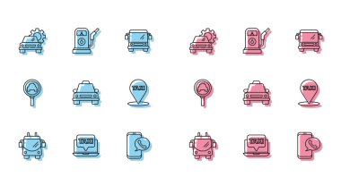 Hat Trolleybus, dizüstü bilgisayar taksi servisi, araba, taksi telefonu, araba, harita işaretleyicisi, büyüteç ve benzin istasyonu ikonu. Vektör
