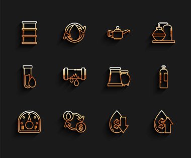 Motor benzin göstergesini ayarlayın, su transferi, dönüştürme, fıçı yağı, ham fiyatta düşüş, artış, sızıntı yapan kırık metal boru, sanayi silindiri tank ve endüstriyel imalat ikonu. Vektör