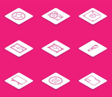 Satır Star, Photo kamera, bilgisayar veri depolama için disket, Resim manzarası, Mikrofon, Akıllı TV ve Duraklat simgesi ayarla. Vektör