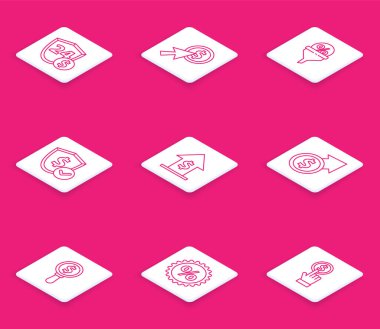 Satır Kalkanı 'nı dolar, imleç ve madeni para, kurşun yönetimi, finansal büyüme, büyüteç ve yüzde indirim etiketi ile ayarla. Vektör