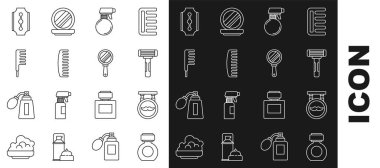 Tıraş losyonu, berber dükkanı, tıraş bıçağı, saç spreyi şişesi, saç fırçası, bıçak ve el aynası ikonu. Vektör