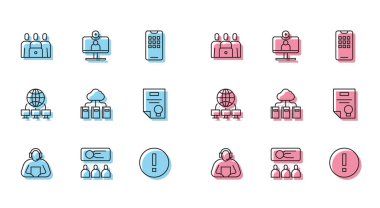 Satır Öğrencisi, Eğitim, Sunum, Çevrimiçi sınıf, Bilgi, Bulut çevrimiçi kütüphanesi, Sertifika şablonu, Bilgisayar ağı ve Video sohbet konferans simgesi ayarla. Vektör