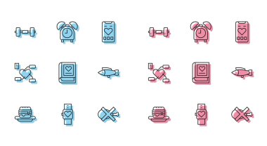 Junk food, Smart watch, Dumbbell, No meat, Medical book, Fish, Health Heart ve Alarm clock ikonu. Vektör