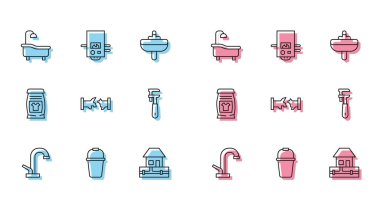 Hat hattı su musluğu, kova, küvet, tedarik boruları, bozuk, ayarlanabilir boru anahtarı, çamaşır deterjanı ve gaz kazanı ikonu. Vektör