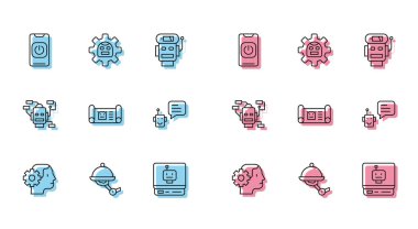 İnsansı robot Garson, telefonu, robotu, taslağı, robotu ve ikonu kapat. Vektör