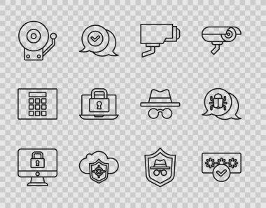 Hat kilidini monitöre ayarla, Parola koruması, güvenlik kamerası, Bulut ve kalkan, alarm zili, dizüstü bilgisayar kilidi, Incognito kipi ve Sistem hata simgesi. Vektör