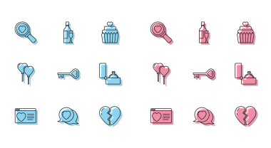 Online flört uygulaması, kalp konuşma balonu, arama kalbi ve aşk, kırık anahtar şekli, elmas nişan yüzüğü, balon formu ve şampanya şişesi ikonu. Vektör