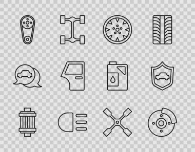 Hat araç hava filtresi, kalibreli fren diski, alloy tekerleği, yüksek kiriş, zamanlama kemer kiti, kapı, tekerlek anahtarı ve kalkan ikonu ayarlayın. Vektör