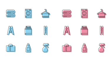 Sıra dizilmiş tişört, temizlikçi için şişe, havlu yığını, su püskürtme şişesi, çamaşır makinesi, mandal ve ikon. Vektör