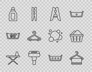 Demir ve ütü masası, havlu askısı, elbise iğnesi, giysi buharı, temizlik malzemesi için şişe, gardırop, sabun köpüklü lavabo ve lavabo. Vektör