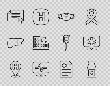 Sabit hat konum hastanesi, ilaç şişesi ve haplar, tıbbi koruyucu maske, kalp atış hızı, sertifika şablonu, hastane binası, hasta kaydı ve ikon. Vektör