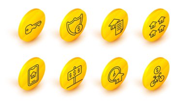 Bisiklet kiralama mobil uygulaması, zaman para, ev dolar, online gayrimenkul, sözleşme, kalkan ve anahtar simgesi. Vektör