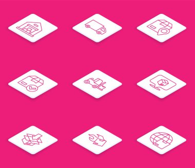 Depo hattı, kargo kamyonu, karton kutulu konum, aksesuar işareti, forklift, karton ve ikon. Vektör