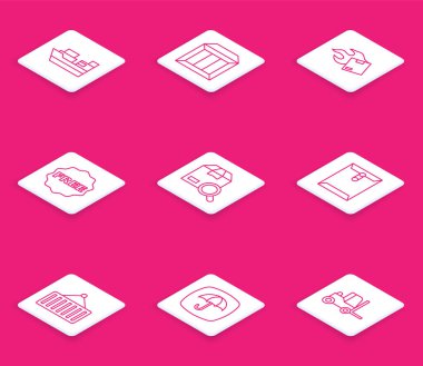 Kargo gemisi, karton karton, pirinç etiketi, ücretsiz arama paketi, zarf, konteynır vinci ve teslimat şemsiyesi ikonu. Vektör