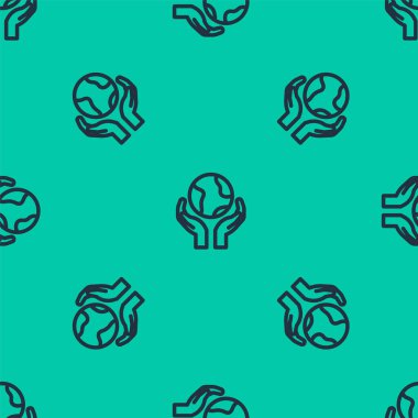 Mavi çizgi, Dünya 'nın simgesini tutan insan elleri yeşil arka planda izole edilmiş pürüzsüz desen. Dünya kavramını sakla. Vektör.