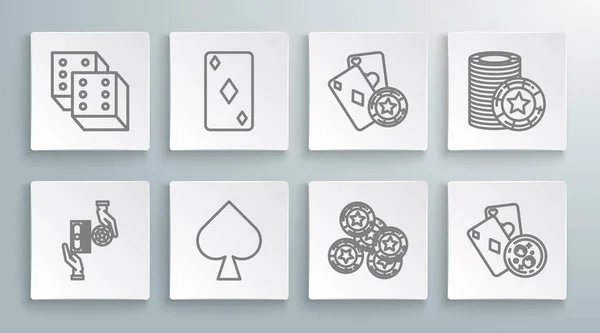 Set Line Casino Chips Wisselen Stapels Dollars Speelkaart Met Diamanten — Stockvector