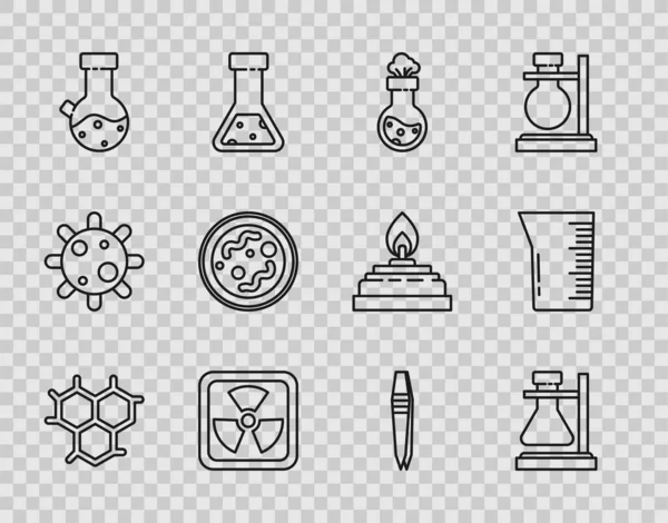 Set Line Fórmula Química Frasco Tubo Ensayo Soporte Química Radiactiva — Archivo Imágenes Vectoriales