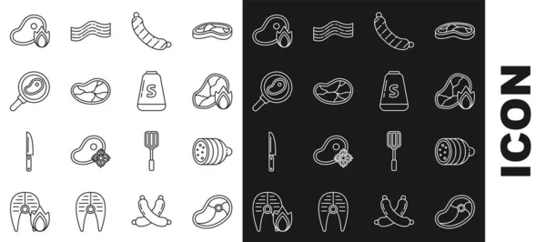 Сет Линии Мяса Стейк Колбаса Салями Жареный Стейк Огонь Пламя — стоковый вектор