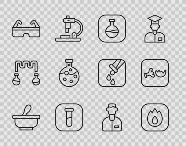 Set Line Mortel Stamper Vuurvlam Reageerbuiskolf Veiligheidsbril Laboratoriumassistent Gebroken Pictogram — Stockvector