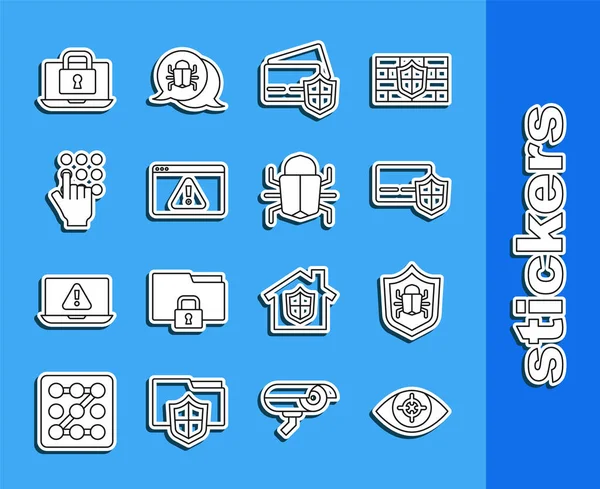 采购产品设置线眼睛扫描 系统故障 信用卡与盾牌 浏览器感叹号 密码保护 笔记本电脑和锁和图标 — 图库矢量图片