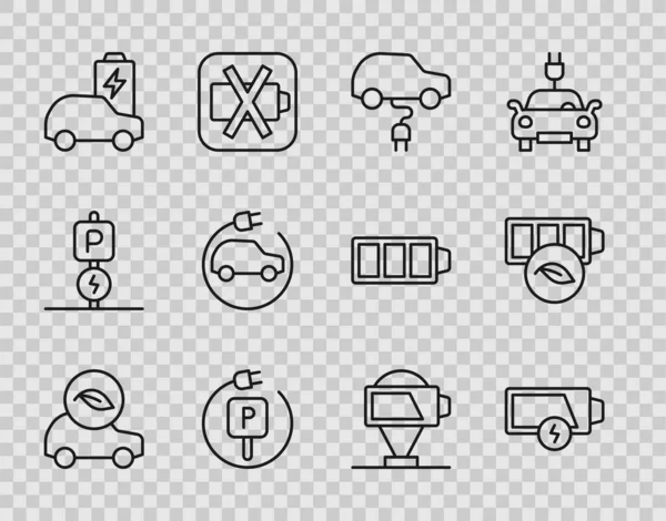 Définir Ligne Eco Voiture Batterie Faible Électrique Parking Charge Électrique — Image vectorielle