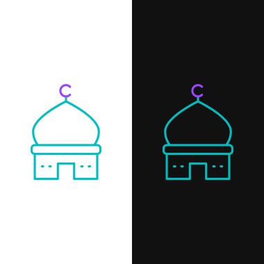 Hat Müslüman Camii simgesi beyaz ve siyah arkaplanda izole edilmiş. Renkli taslak konsepti. Vektör