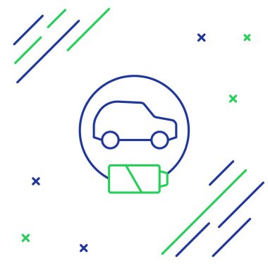 Elektrik hattı arabası ve elektrik kablosu şarj ikonu beyaz arka planda izole edildi. Yenilenebilir ekolojik teknolojiler. Renkli taslak konsepti. Vektör