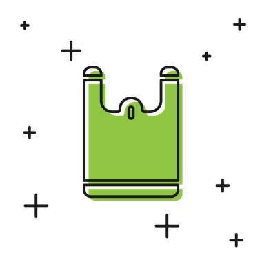 Siyah plastik torba simgesi beyaz arkaplanda izole edilmiş. Tek kullanımlık selofan ve politen paket yasaklama işareti. Vektör.