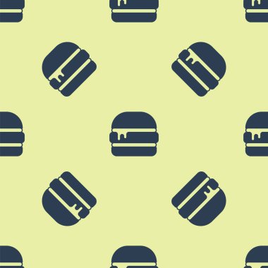 Mavi Burger ikonu sarı arka planda kusursuz desen izole etti. Hamburger ikonu. Çizburger sandviç tabelası. Fast food menüsü. Vektör