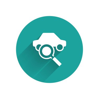 Beyaz Araba paylaşım simgesi uzun gölge arkaplan izole. Araba paylaşım tabelası. Nakliye hizmeti konsepti. Yeşil daire düğmesi. Vektör