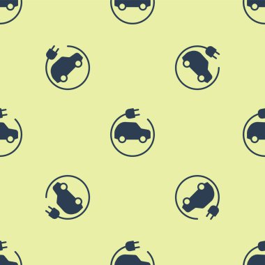 Mavi elektrikli araba ve elektrik kablosu şarj ikonu sarı arka planda izole edilmiş pürüzsüz desen. Yenilenebilir ekolojik teknolojiler. Vektör