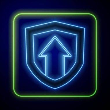 Parlayan neon neon kaynaklı büyüme ikonu mavi arka planda izole edildi. Gelirleri arttırıyorum. Vektör