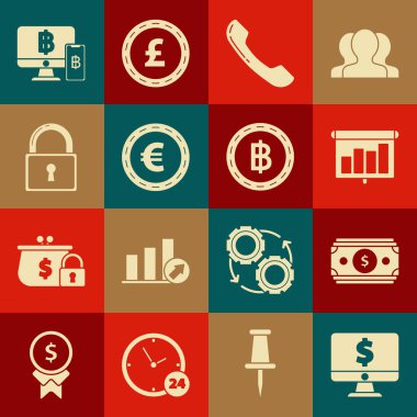 Bilgisayar monitörünü dolar sembolü, çizelgesi, diyagramı, bilgi grafiği, pasta grafiği, telefon ahizesi, bozuk para, kilit, mobil bitcoin ve Kripto para birimi Bitcoin simgesi ile ayarla. Vektör