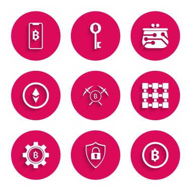Çapraz Kazma, Kilitli Kalkan Güvenliği, Şifreli Para Bitcoin, Blokzincir Teknolojisi, Ethereum ETH, cüzdan ve Telefon Cep Telefonu ve Kripto Para Birimi simgesi. Vektör