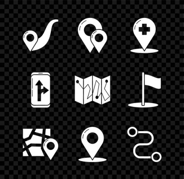 Yol konumu, harita iğnesi, çapraz hastaneli tıbbi harita işaretleyici, katlanmış işaret, şehir navigasyon ve simge bilgileri. Vektör