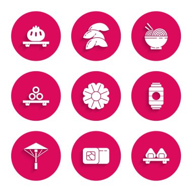 Set Flower, Sushi, kesme tahtasında, Japon kağıt feneri, güneşten gelen şemsiye, Asya erişte kasesi ve yemek çubukları ve ikon. Vektör