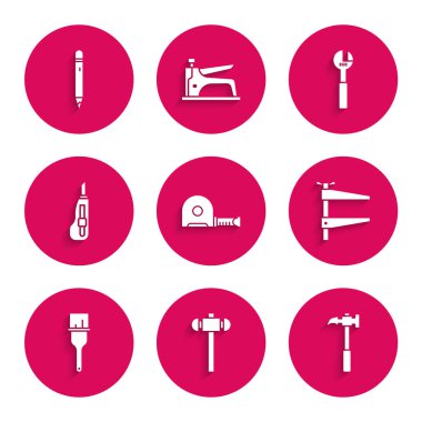 Rulet inşaatı, Balyoz, Pençe, Kıskaç, Boya fırçası, Kırtasiye bıçağı, Ayarlanabilir İngiliz anahtarı ve silgi ikonlu Kalem. Vektör