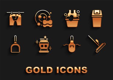 Temiz vazo, çöp tenekesi, paspas, mutfak önlüğü, Dustpan, sabun köpüklü leğen, çamaşır kurutma ve bulaşık ikonu. Vektör