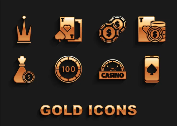 Set Casino Chips Und Spielkarten Online Pokertisch Spiel Schild Geldbeutel — Stockvektor