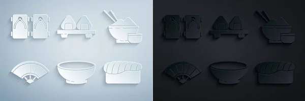 将热汤碗 饭碗与筷子 中国或日本纸制折扇 切菜板和吉塔传统日本鞋图标放在一起 — 图库矢量图片