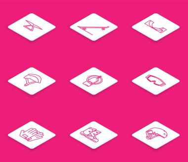 Set hattı planörü, kaykay, park, bisiklet kaskı, Aqualung, kayak gözlükleri, eldivenler ve botlar ikonu. Vektör